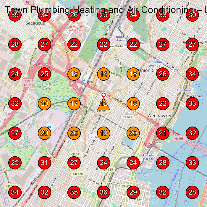 Town Plumbing Heating and Air Conditioning GeoGrid visibility map for Air Conditioning Contractor in Hoboken